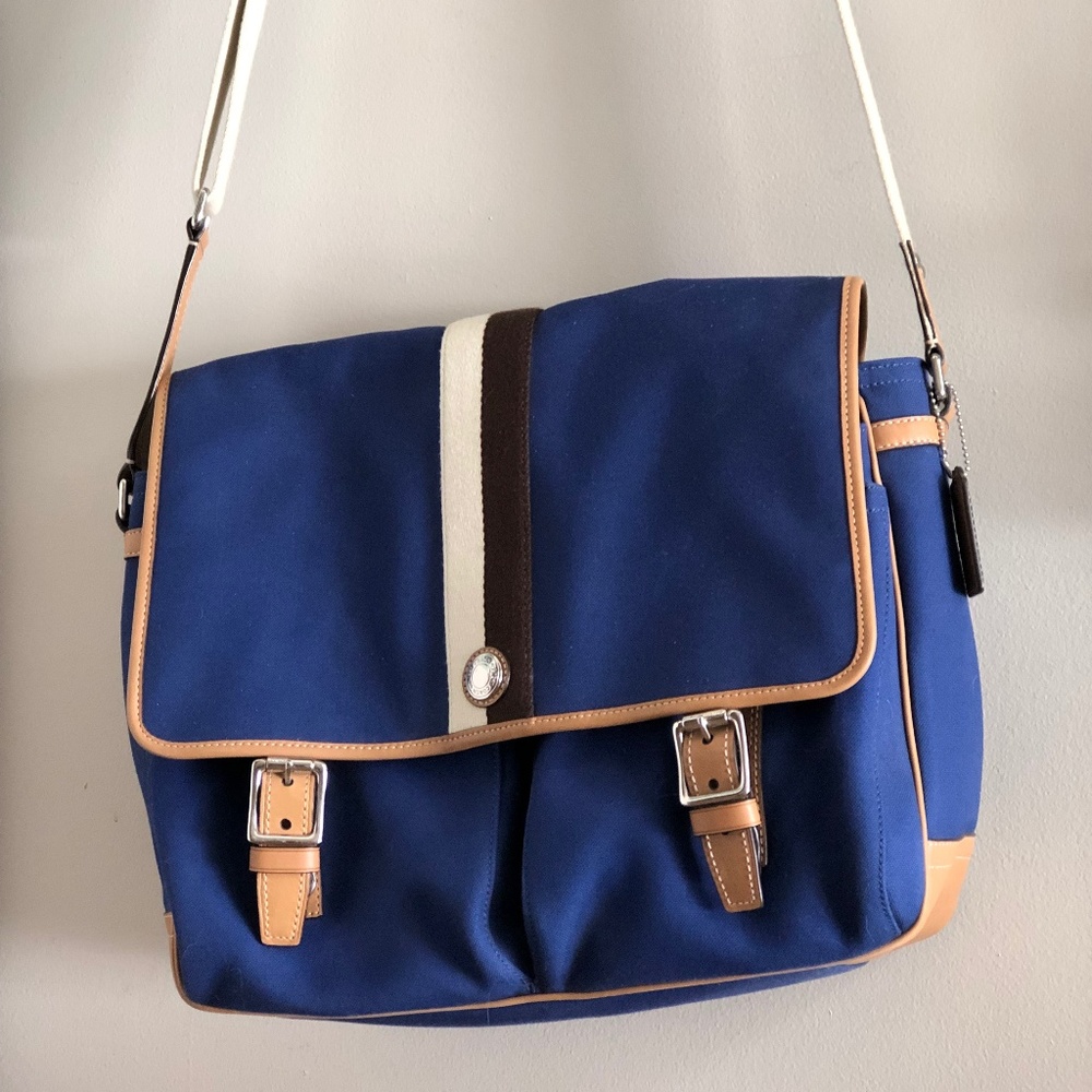 Coach messenger bag royal blue and tan leather
